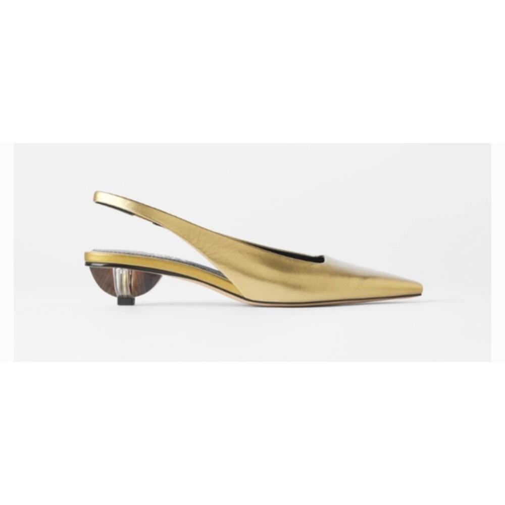 Zara Gold leather slingback heels geometric wood methacrylate Heel 39